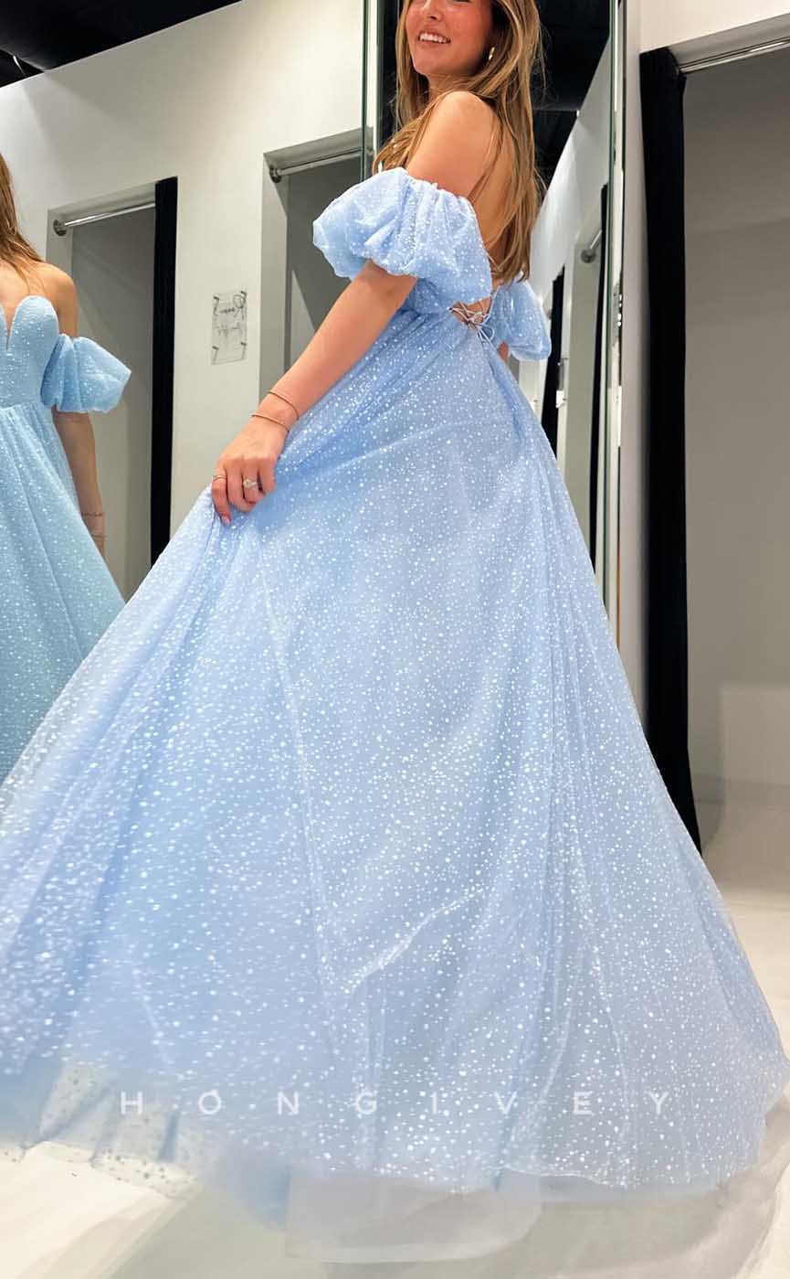 L2878 - A-Line Sweetheart Puff Sleeves With Side Slit Party Prom Evening Dress - Fashionpara