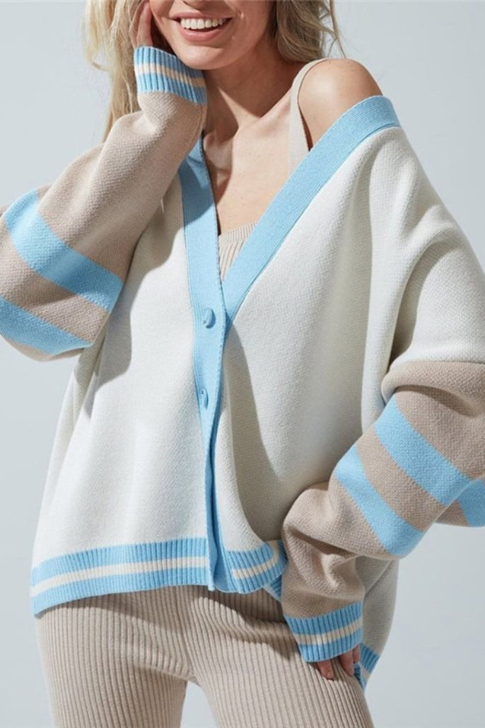 Simple Color Block Striped Relaxed Knit Cardigan 10