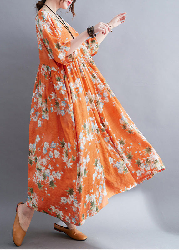 Floral Print Round Neck Elbow Sleeve Empire Waist Maxi Dress - View 3