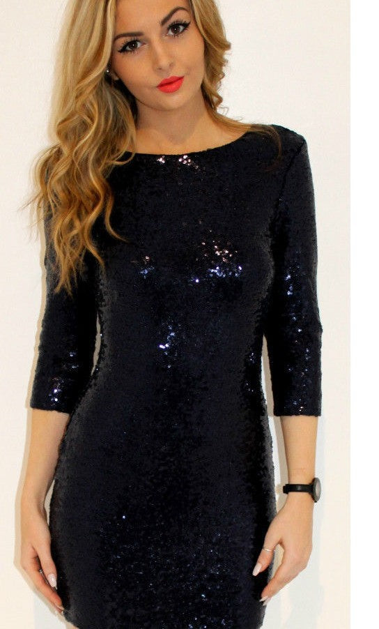 Sequin Boat Neck Long Sleeve Bodycon Mini Dress