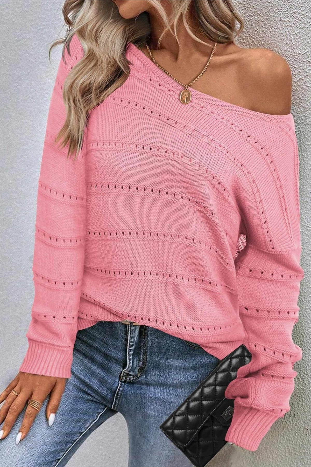 Openwork Boat Neck Relaxed Sweater