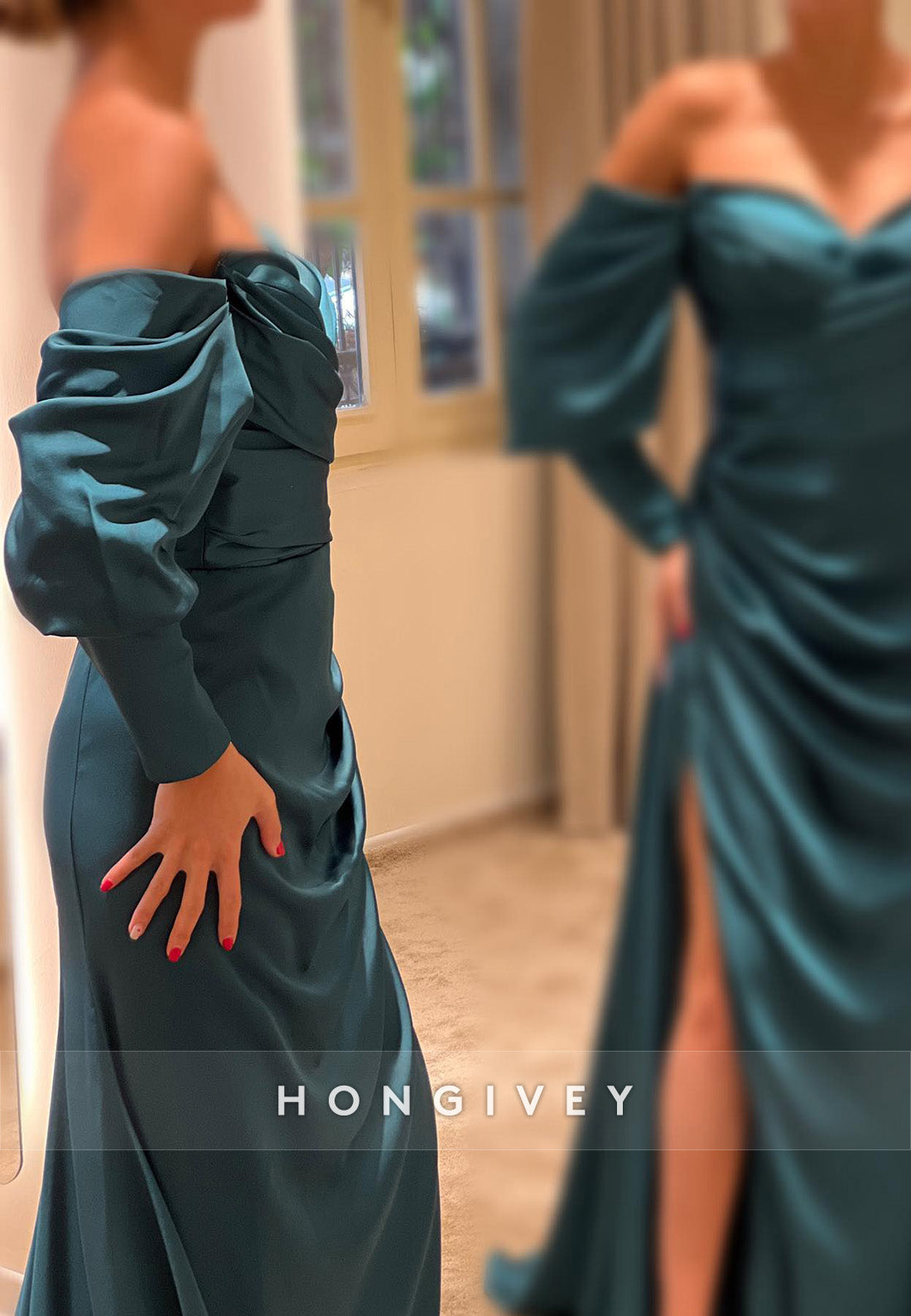 L2961 - Off-Shoulder Long Sleeve Empire With Side Slit Party Prom Evening Dress - Fashionpara