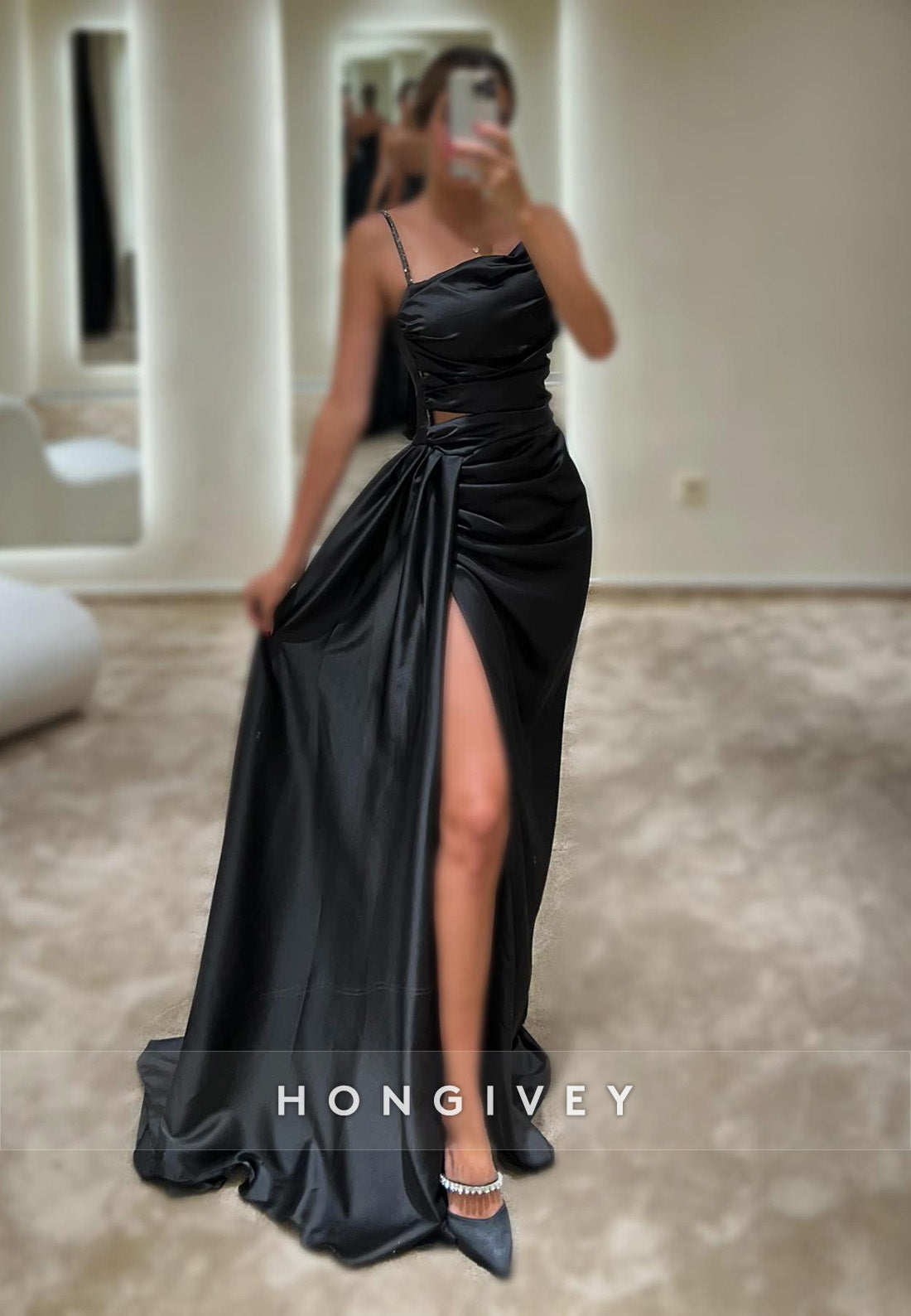 L2960 - Satin Spaghetti Straps Ruched Beaded With Side Slit Party Prom Evening Dress - Fashionpara