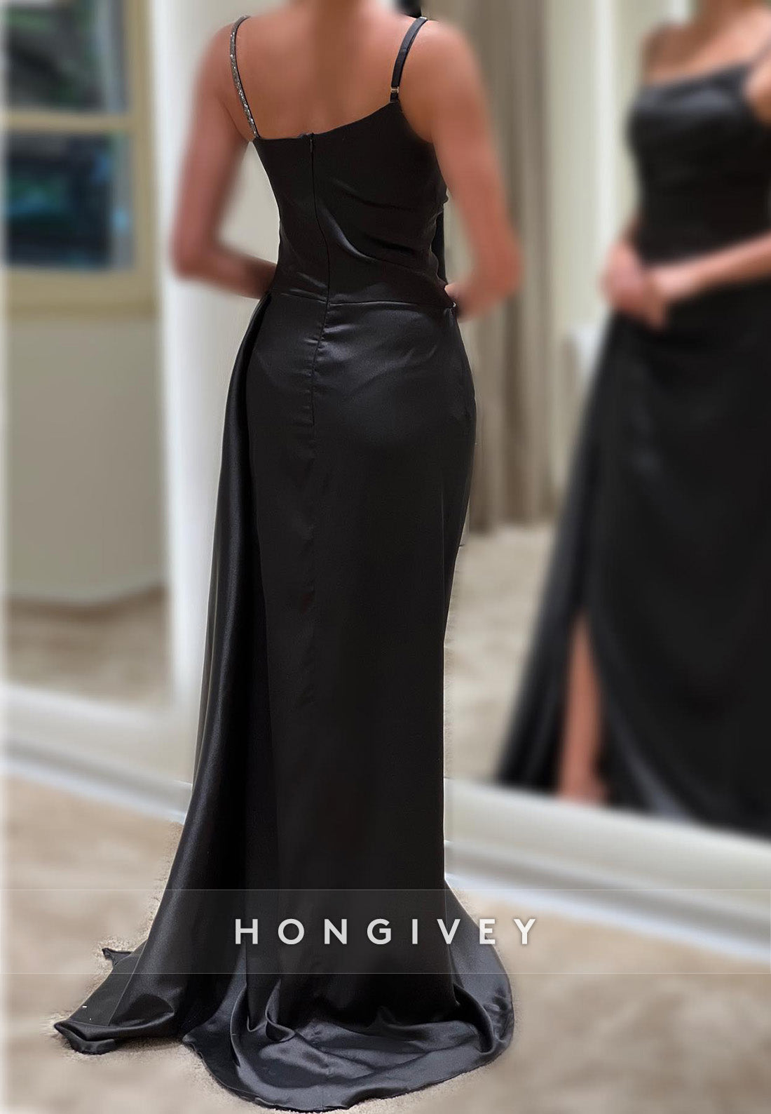 L2960 - Satin Spaghetti Straps Ruched Beaded With Side Slit Party Prom Evening Dress - Fashionpara