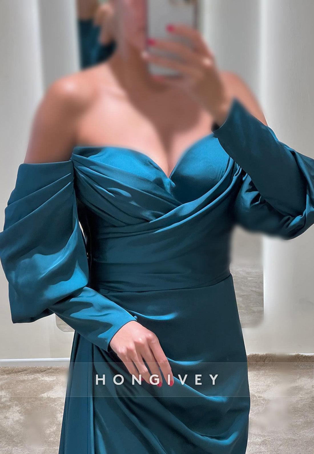 L2961 - Off-Shoulder Long Sleeve Empire With Side Slit Party Prom Evening Dress - Fashionpara