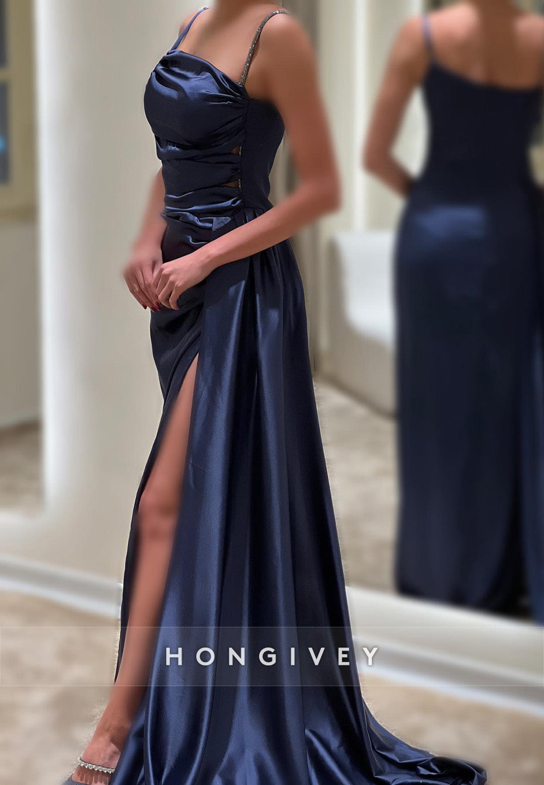 L2960 - Satin Spaghetti Straps Ruched Beaded With Side Slit Party Prom Evening Dress - Fashionpara