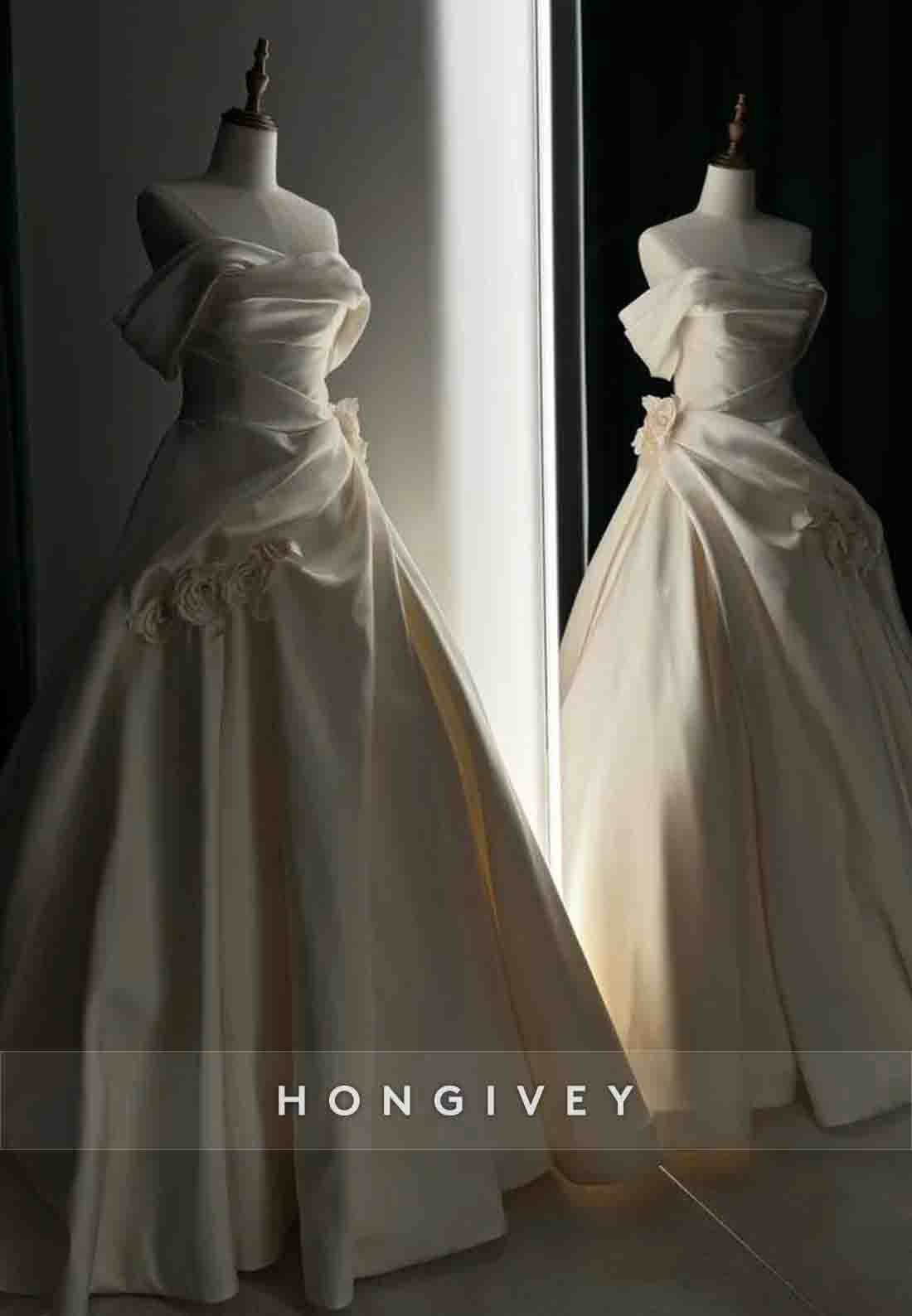 Flowers Chapel Train A-line Off the Shoulder Pleated Wedding Dresses