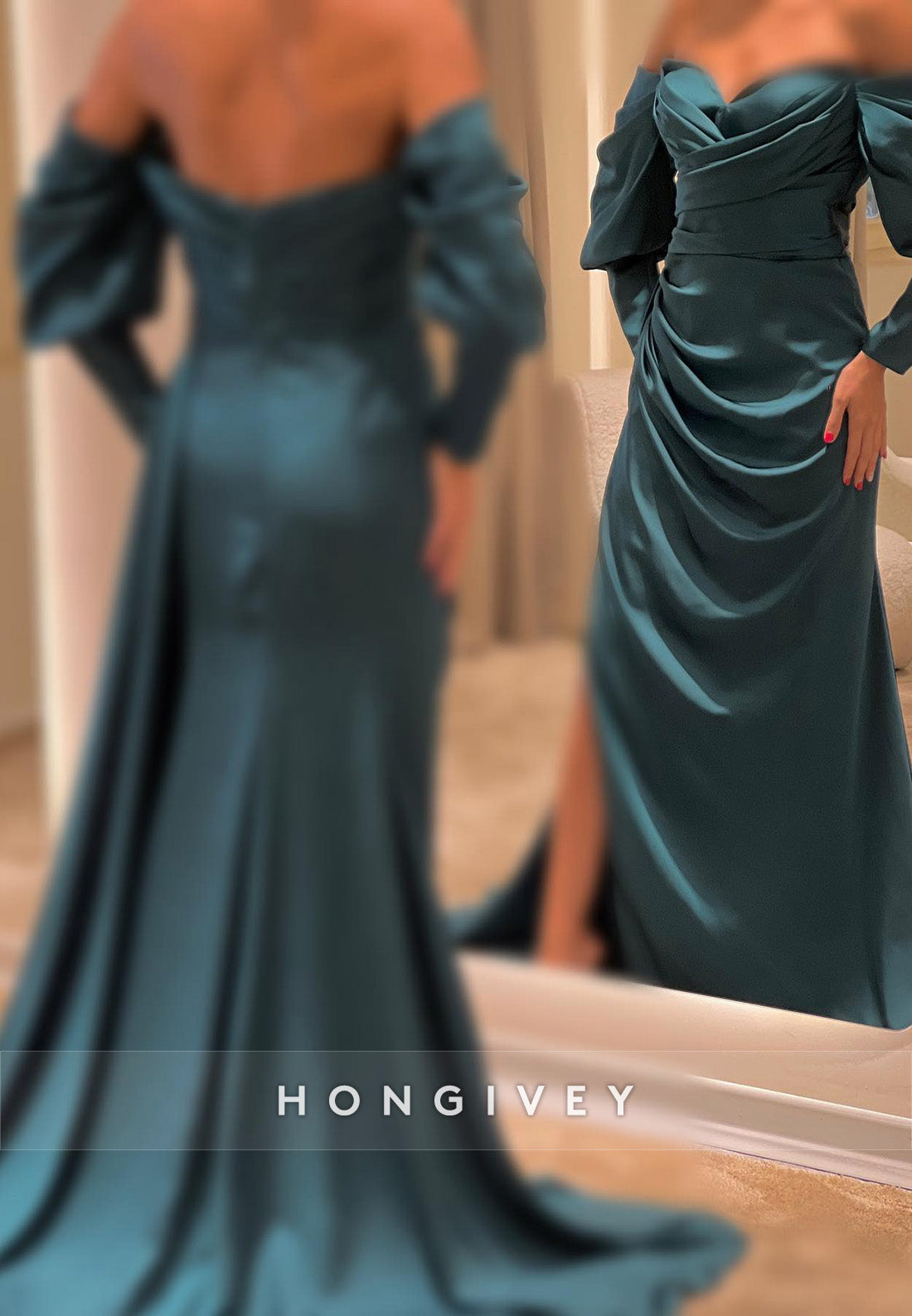 L2961 - Off-Shoulder Long Sleeve Empire With Side Slit Party Prom Evening Dress - Fashionpara