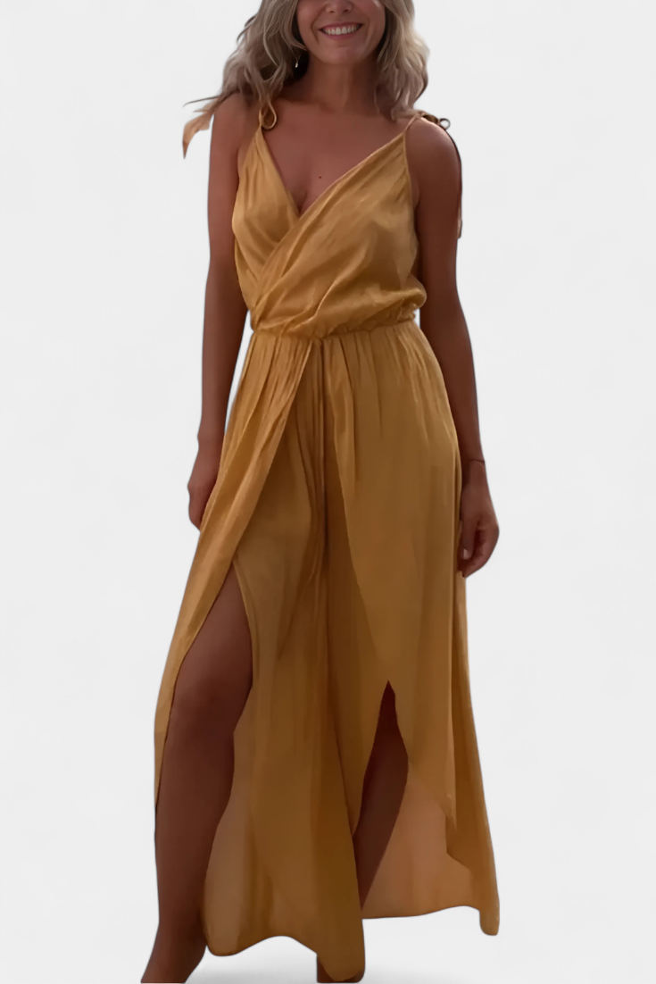 Satin Wrap V-Neck Spaghetti Strap High Split Wide Leg Jumpsuit 4