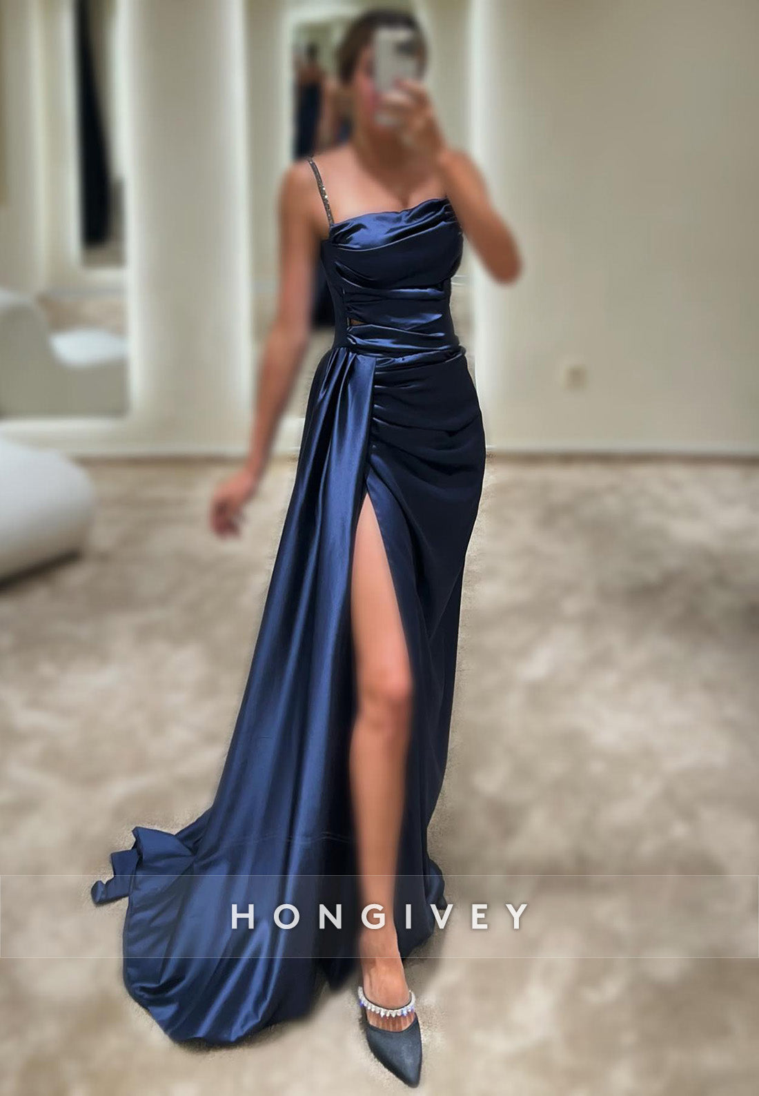 L2960 - Satin Spaghetti Straps Ruched Beaded With Side Slit Party Prom Evening Dress - Fashionpara