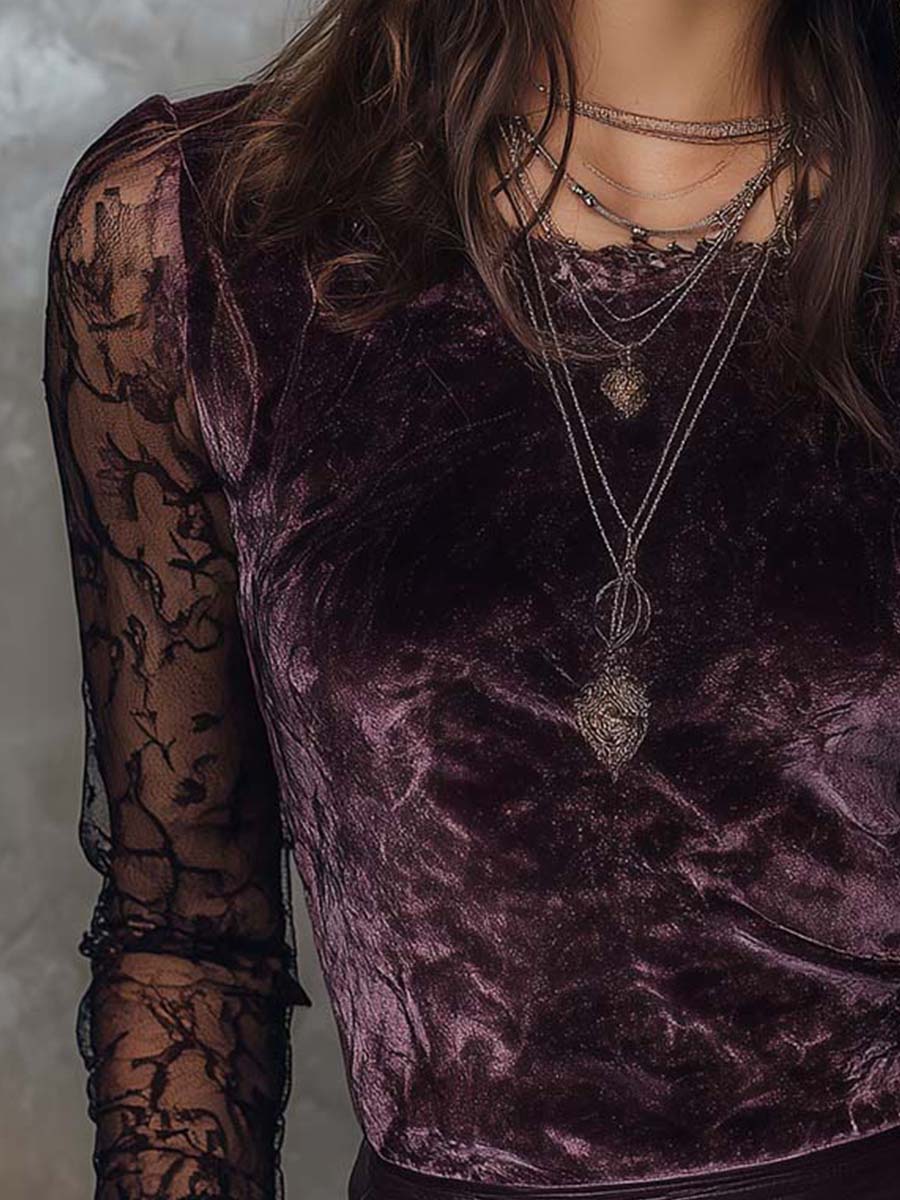 Velvet And Lace Gothic Sheer-Sleeve Top - Fashionpara