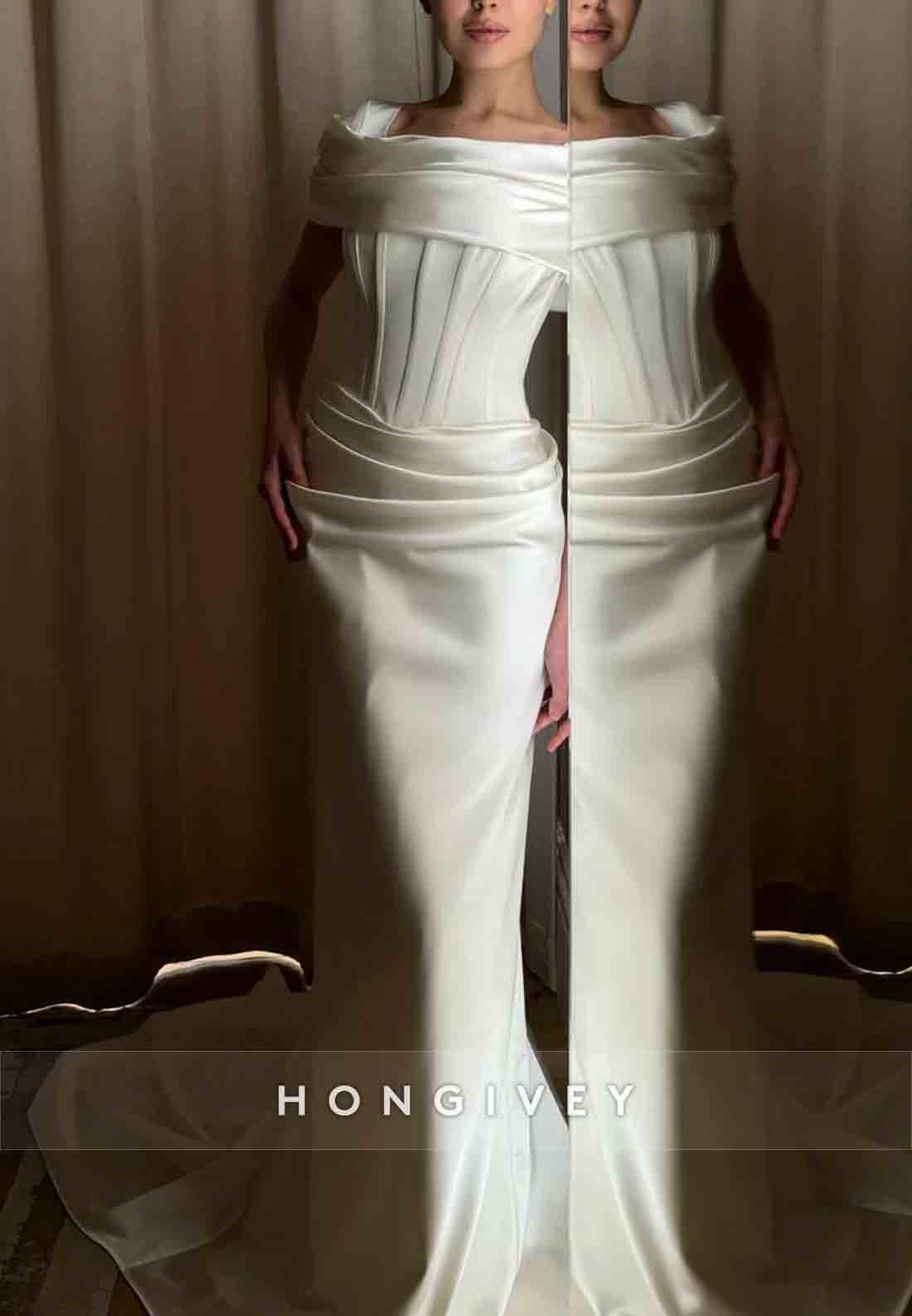 Sheath Court Train Square Satin Shawl Pleated Wedding Dresses