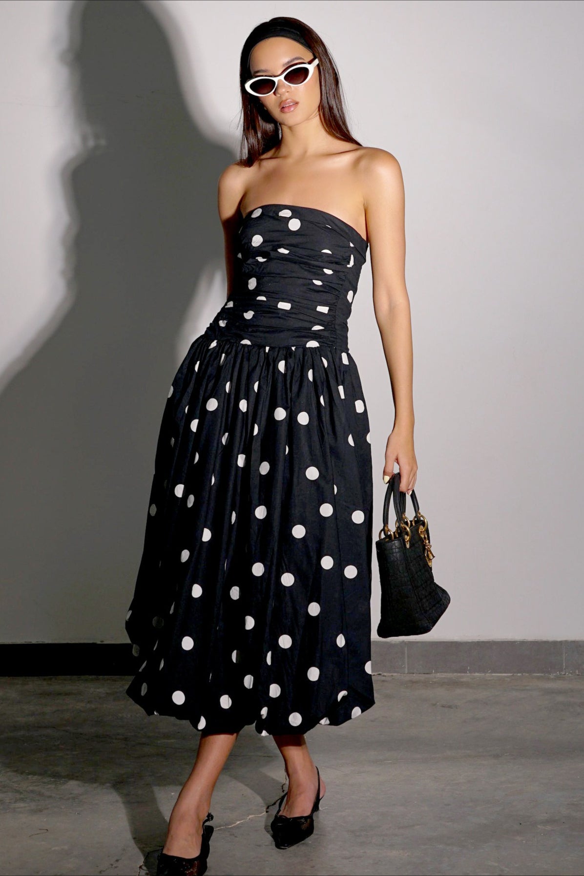 Polka Dot Strapless Ruched Bubble Hem Midi Dress