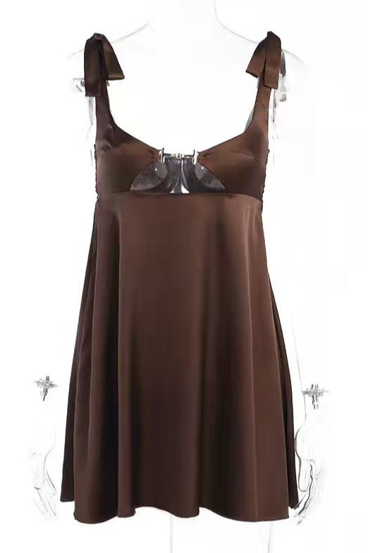 Satin Scoop Neck Horsebit Cut Out Slip Mini Dress