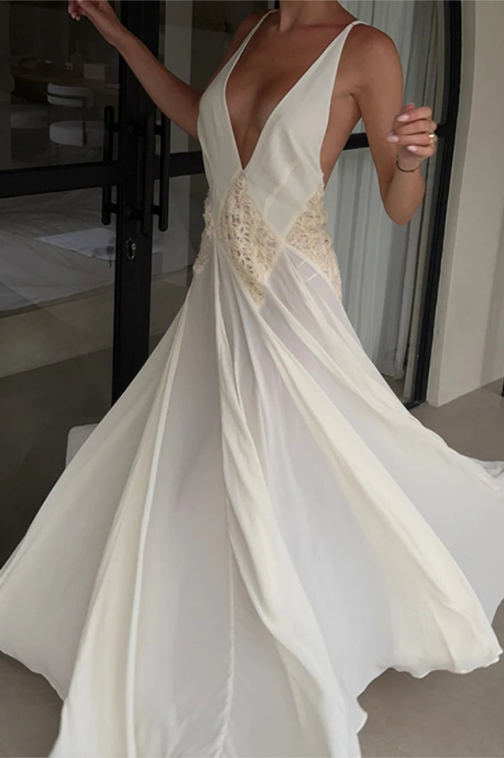 Deep V-Neck Spaghetti Strap Lace A-Line Maxi Gown 8