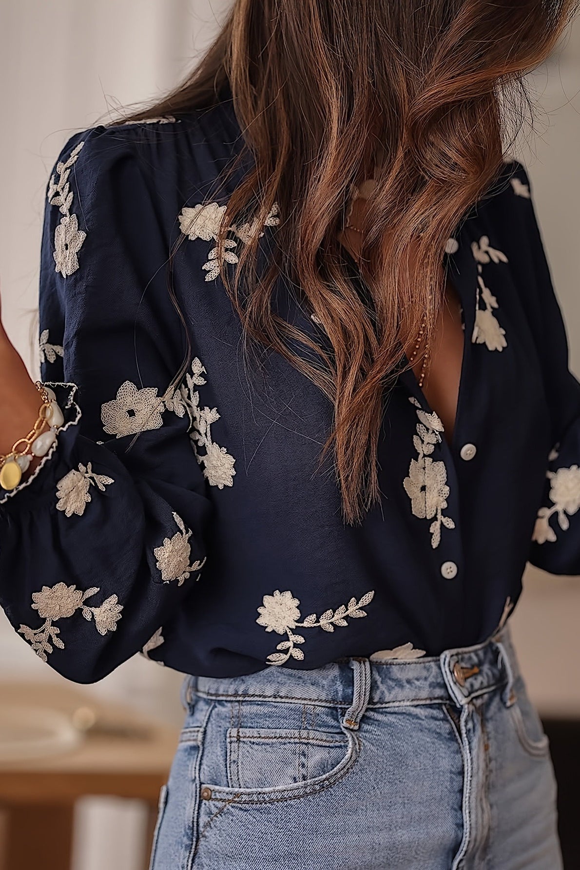 Collared Print Puff Sleeve Blouse