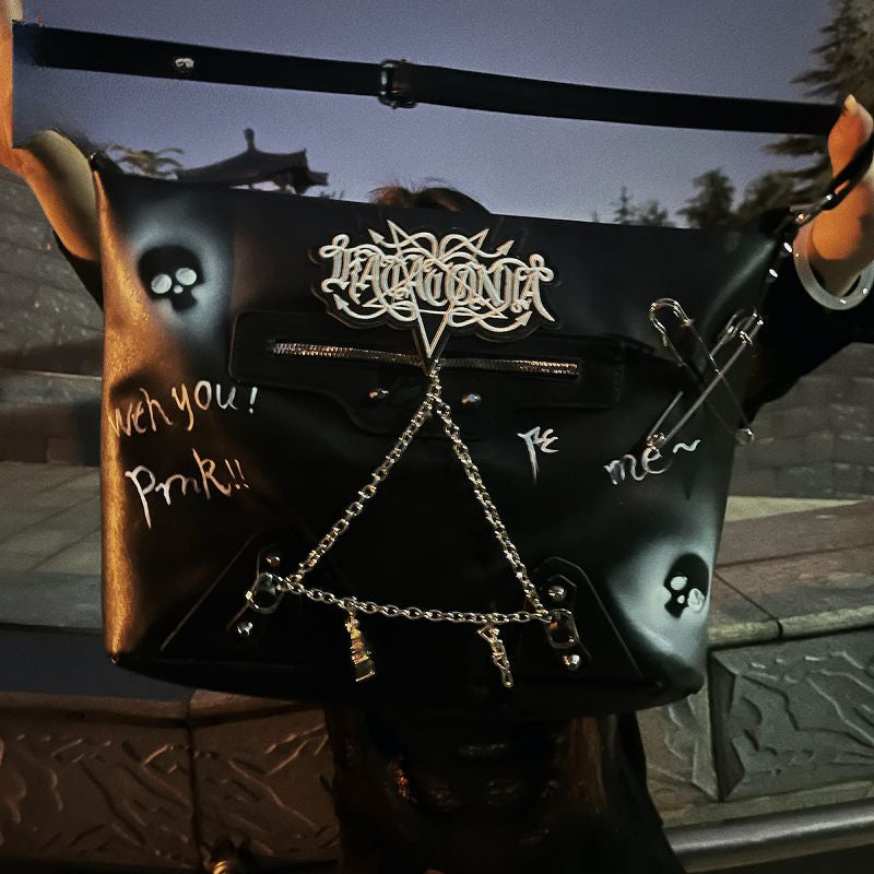 Y2K Harajuku Gothic Skeleton Chain Leather Crossbody Bag - Fashionpara