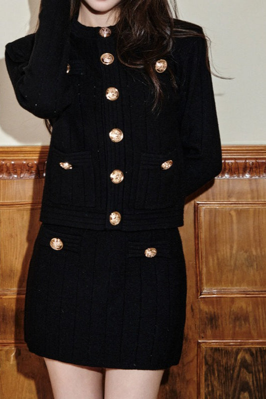 Round Button Boucle Sweater Skirt Tweed Suit Set