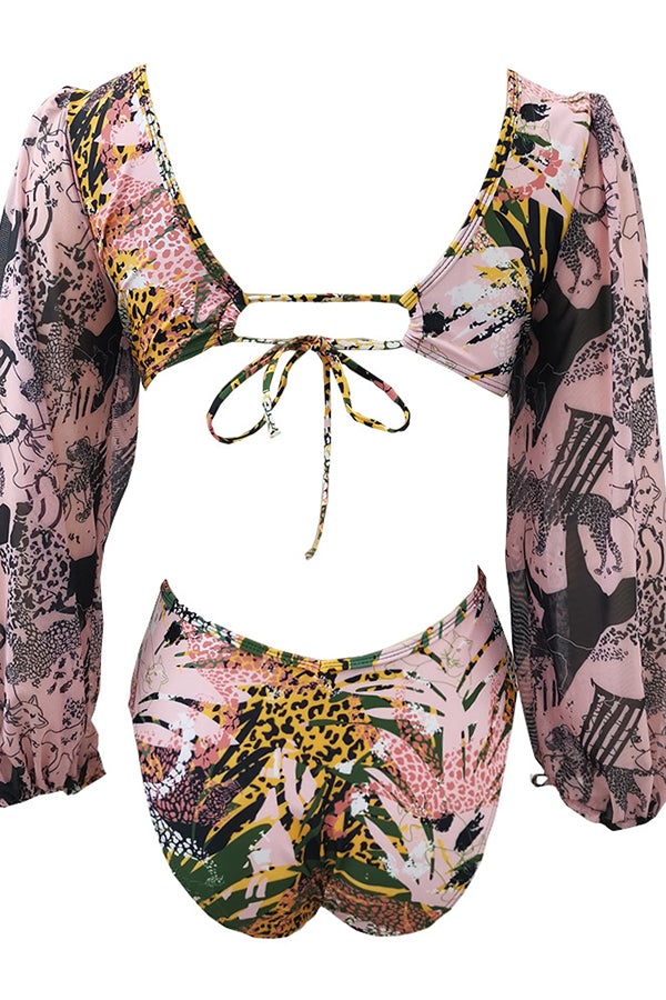 Leopard Print Puff Sleeve Hollow One-Piece Swimsuit - Fashionpara