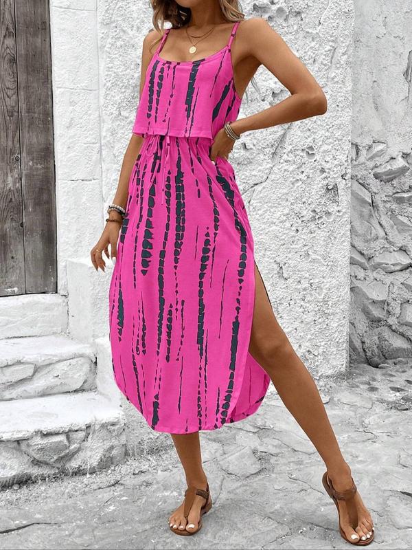 Tie Dye Stripe Print Spaghetti Strap Layered Split Midi Dress 2