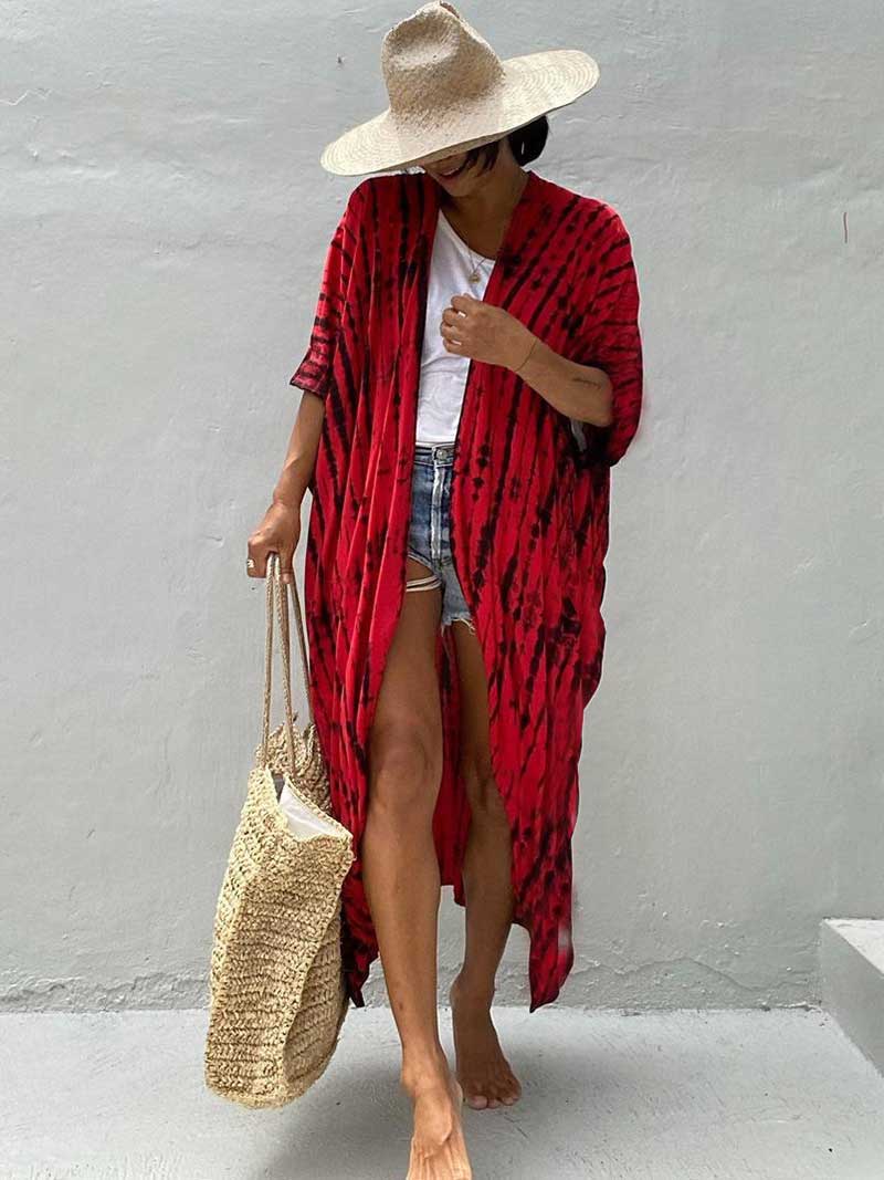 Tie-Dye Print Different Colors Rayon Long Length Gown Kimono Duster Robe - Fashionpara