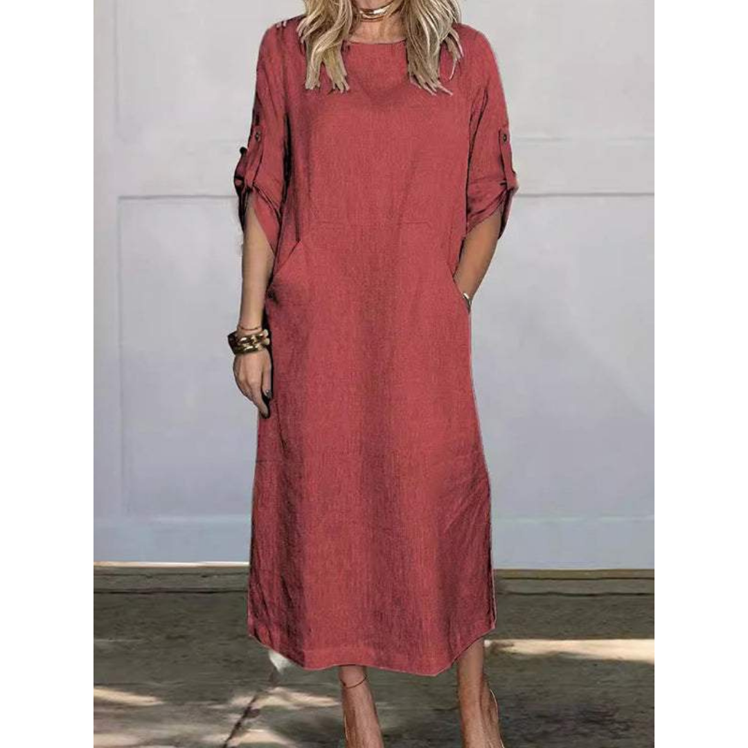 Round Neck Roll Tab Sleeve Pocket Side Slit Shift Maxi Dress - View 7