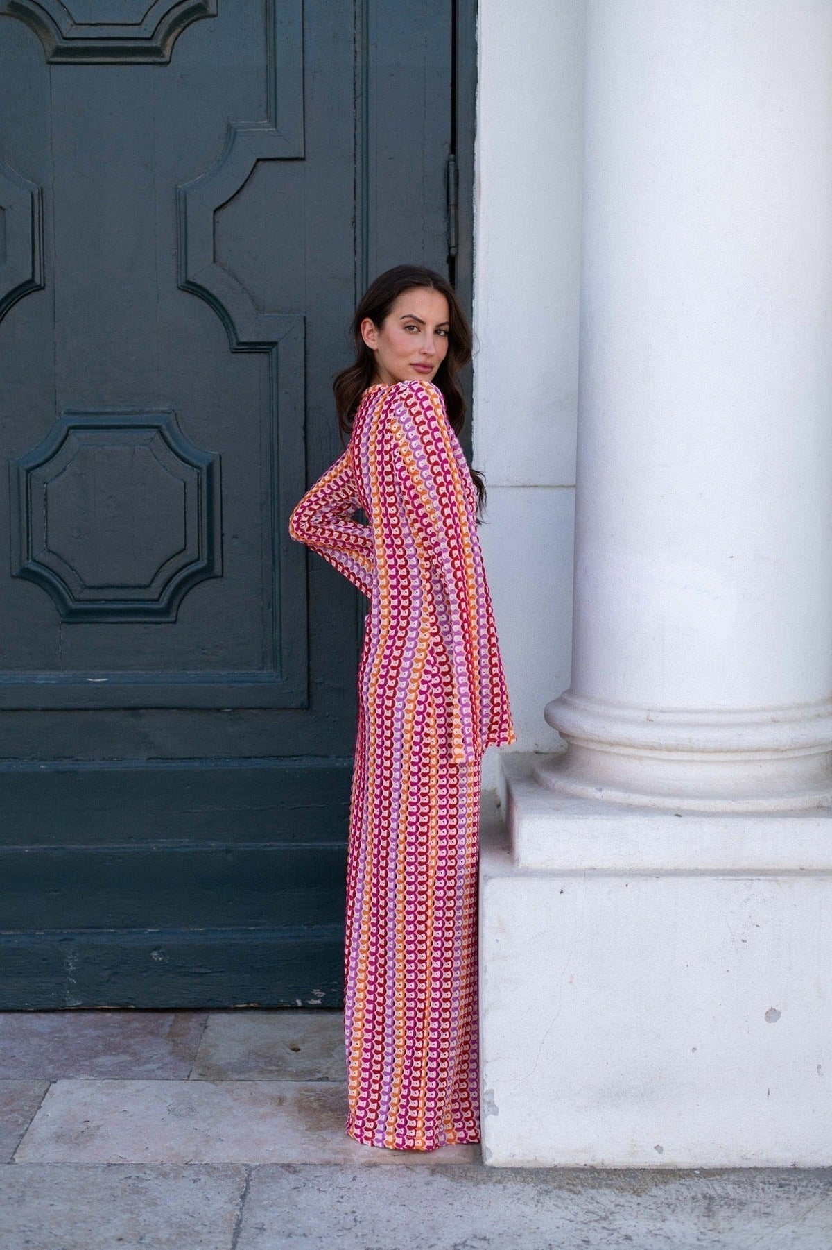 Crochet Deep V-Neck Long Sleeve Striped Boho Maxi Dress - View 13