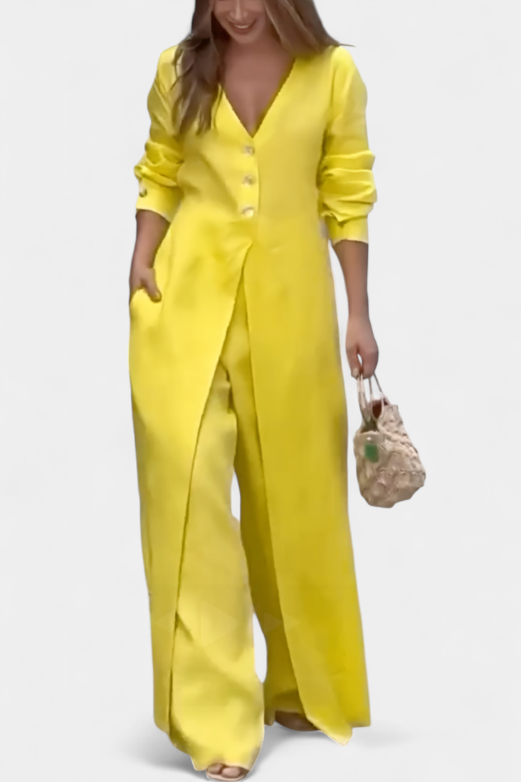V-Neck Button Front Longline Top and Wide Leg Pants Two Piece Set 5
