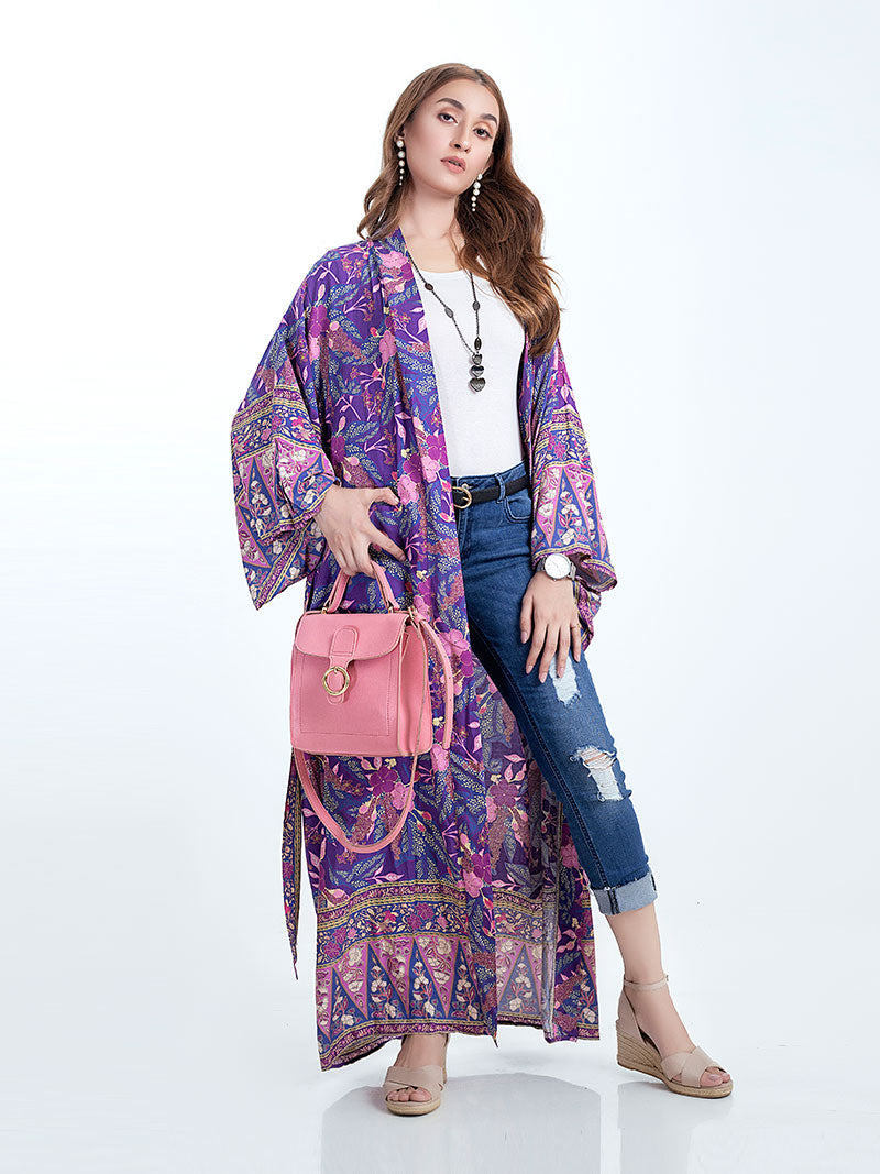 Beachwear & Partywear Floral Print Purple Color Cotton Long Length Gown Kimono Duster Robe 4