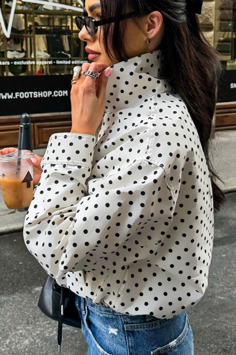 Polka Dot Drawstring Bomber Jacket