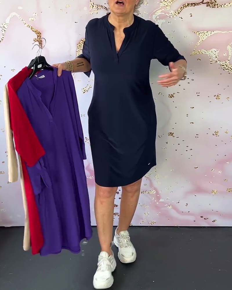 Split Neck Mandarin Collar Elbow Sleeve Pocket Shift Midi Dress