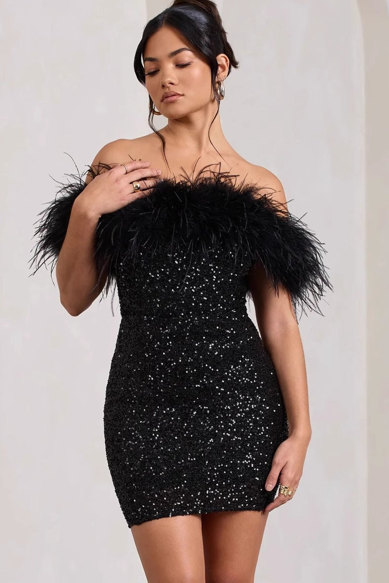 Strapless Feather Sequin Bodycon Chic Cocktail Dress