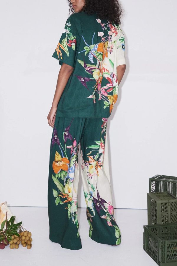 Island Linen Blend Unique Print Short Sleeve Loose Shirt and Elastic Waist Pocket Pants Set - Fashionpara