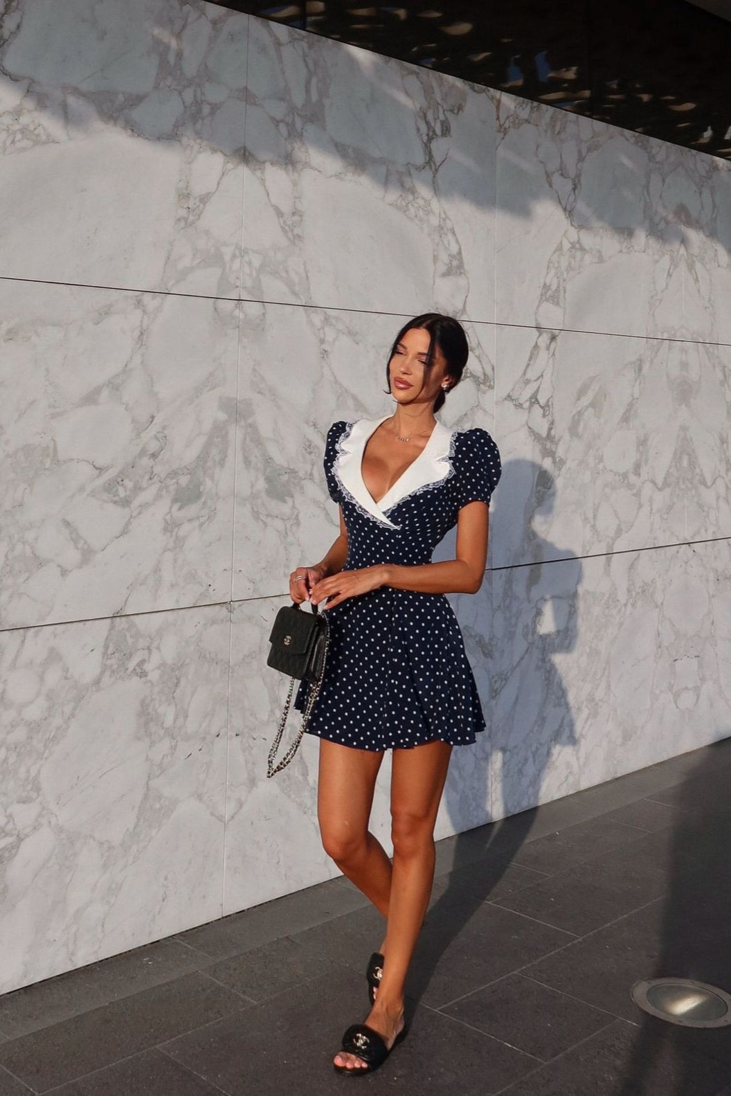 Vintage Lace Trim Polka Dot V-Neck Fitted Mini Dress