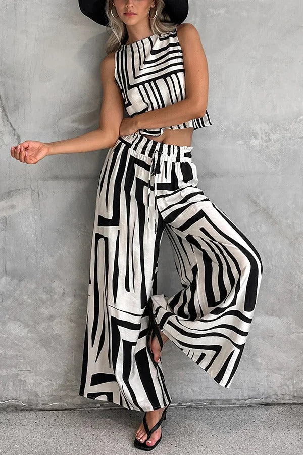 Striped Printed Sleeveless Casual Top and Elastic Waist Loose Pocket Wide-leg Pants Set - Fashionpara