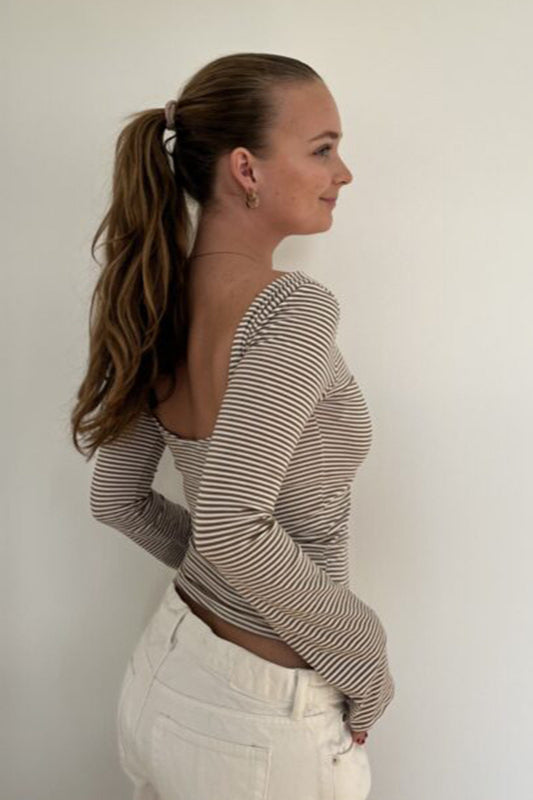 Basic Crew Neck Backless Striped Fitted Knit Blouse