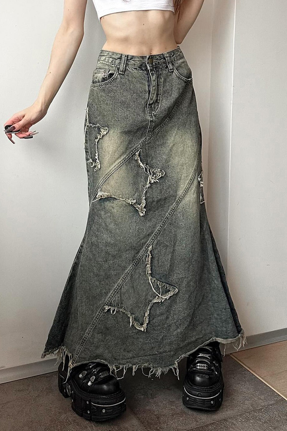 Y2K Raw Hem High Waist Denim Skirt