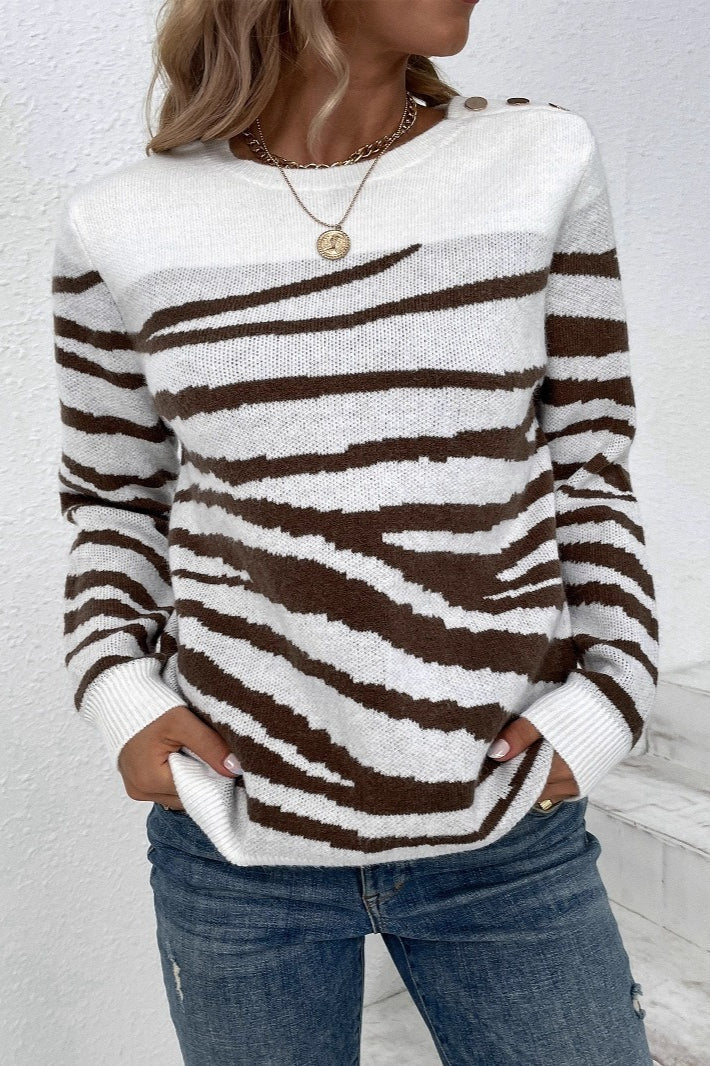 Zebra Colorblock Button Shoulder Sweater for Stylish Comfort