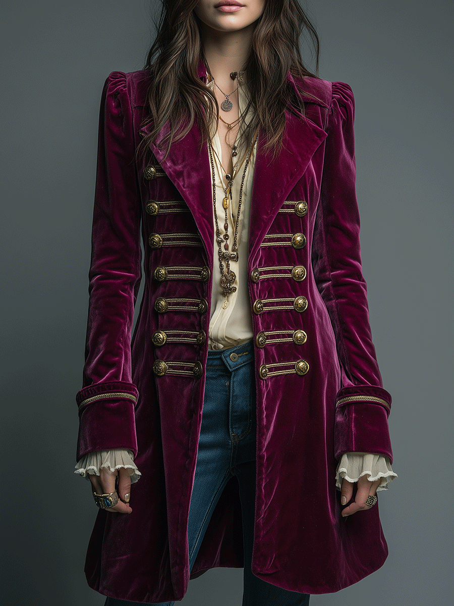 Regal Burgundy Velvet Officer-Inspired Coat