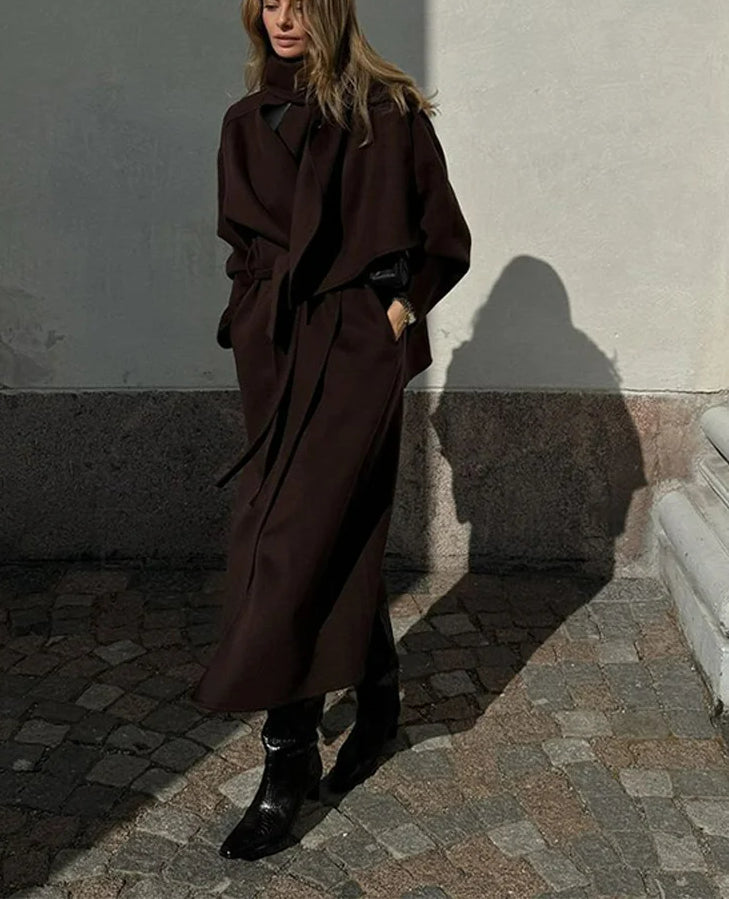 Women's Scarf Collar Woolen Belted Overcoat
