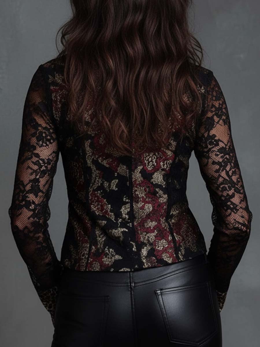 Velvet Floral Print Lace Blouse