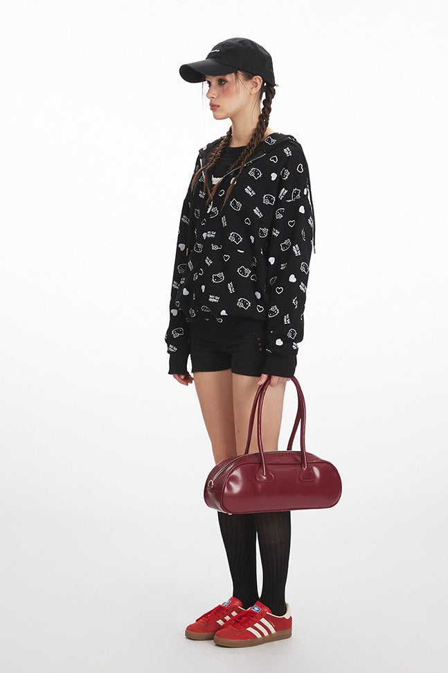 Loose Cat Print Zip Hoodie - Fashionpara