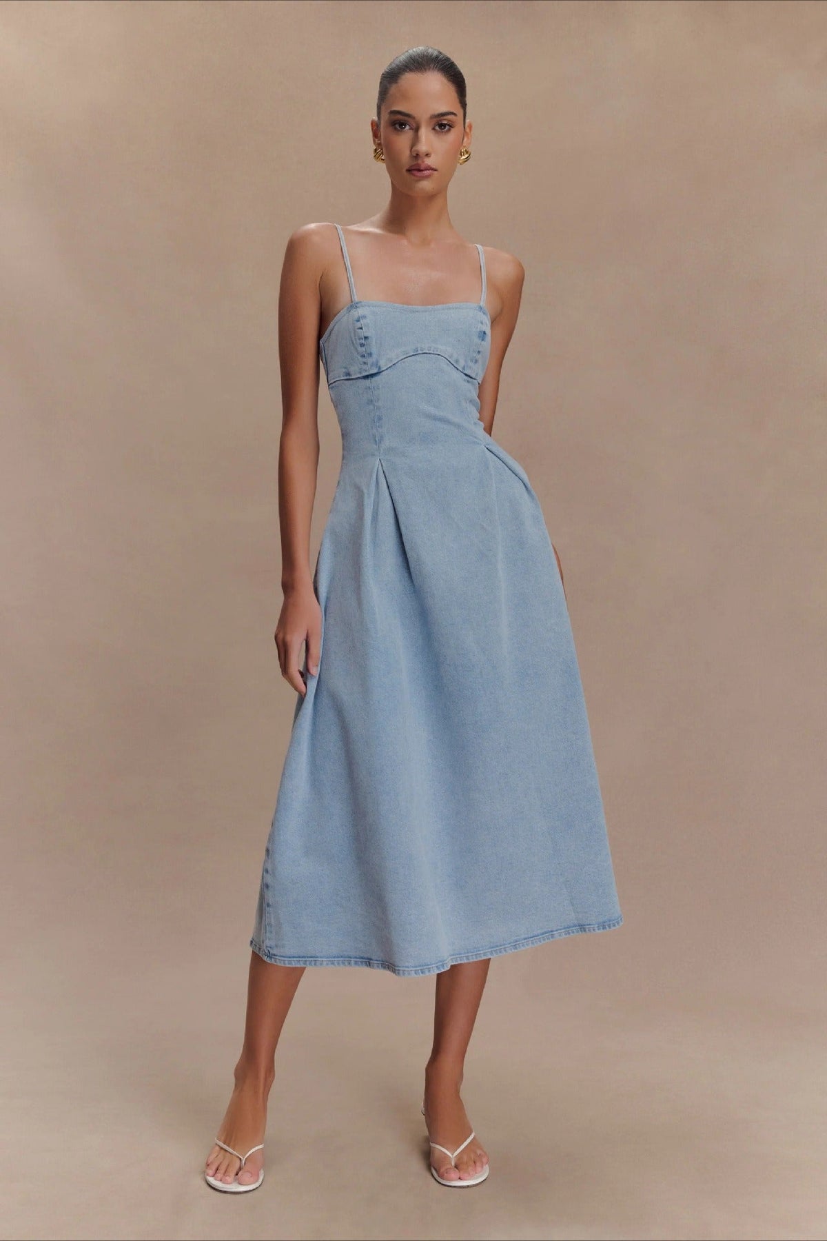 Denim Spaghetti Strap Pleated A-Line Midi Dress