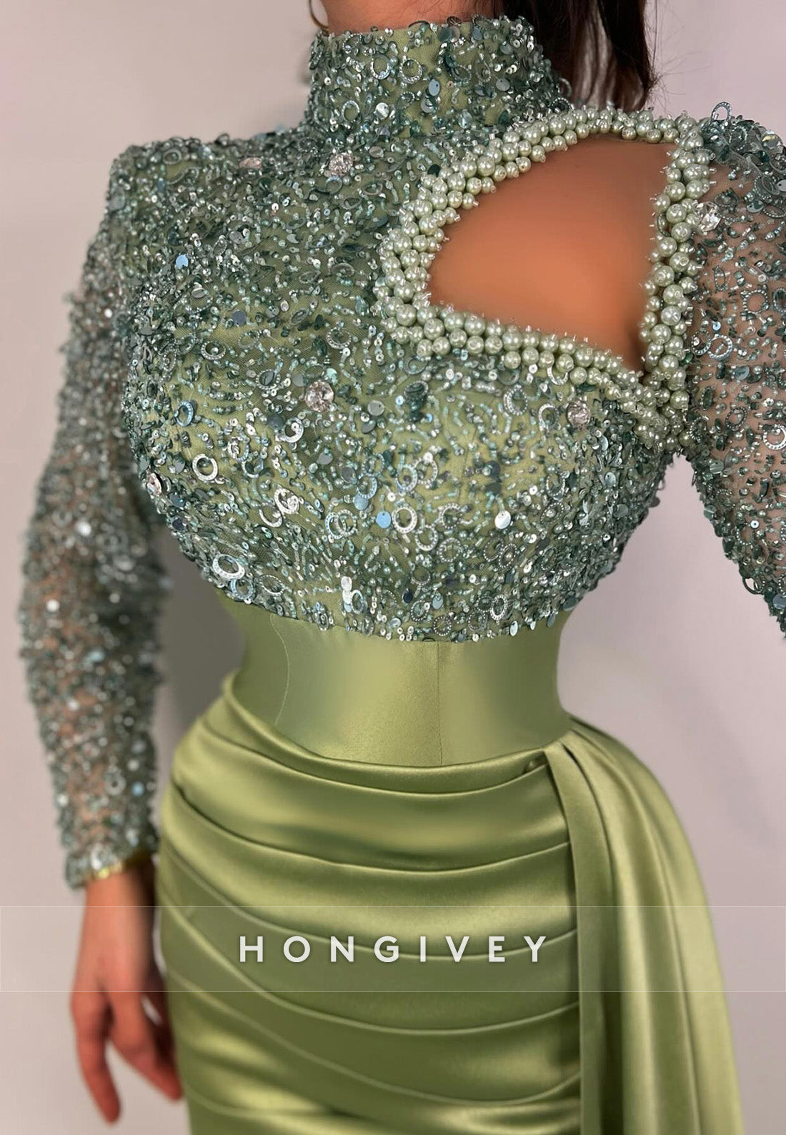 L2972 - High Neck Long Sleeve Empire Beaded Prom Evening Dress - Fashionpara