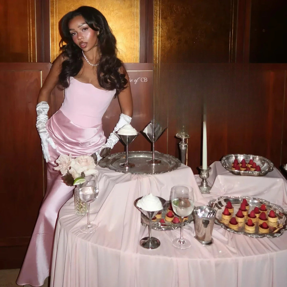 Strapless Pink Satin Corset Silk Dress - View 3
