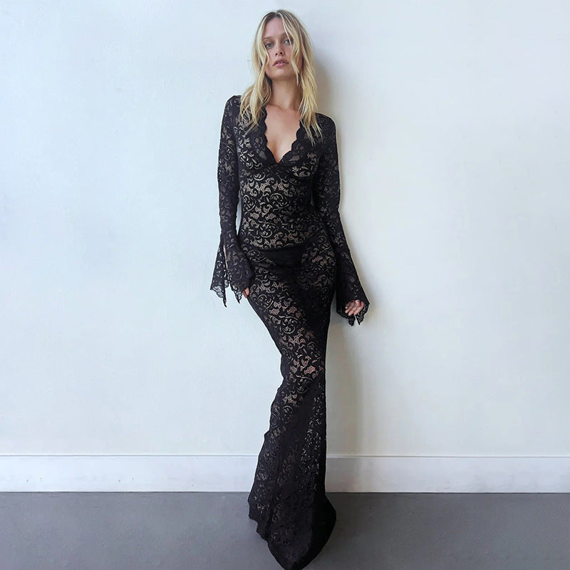 Lace Deep V-Neck Bell Sleeve Mermaid Maxi Gown - View 6