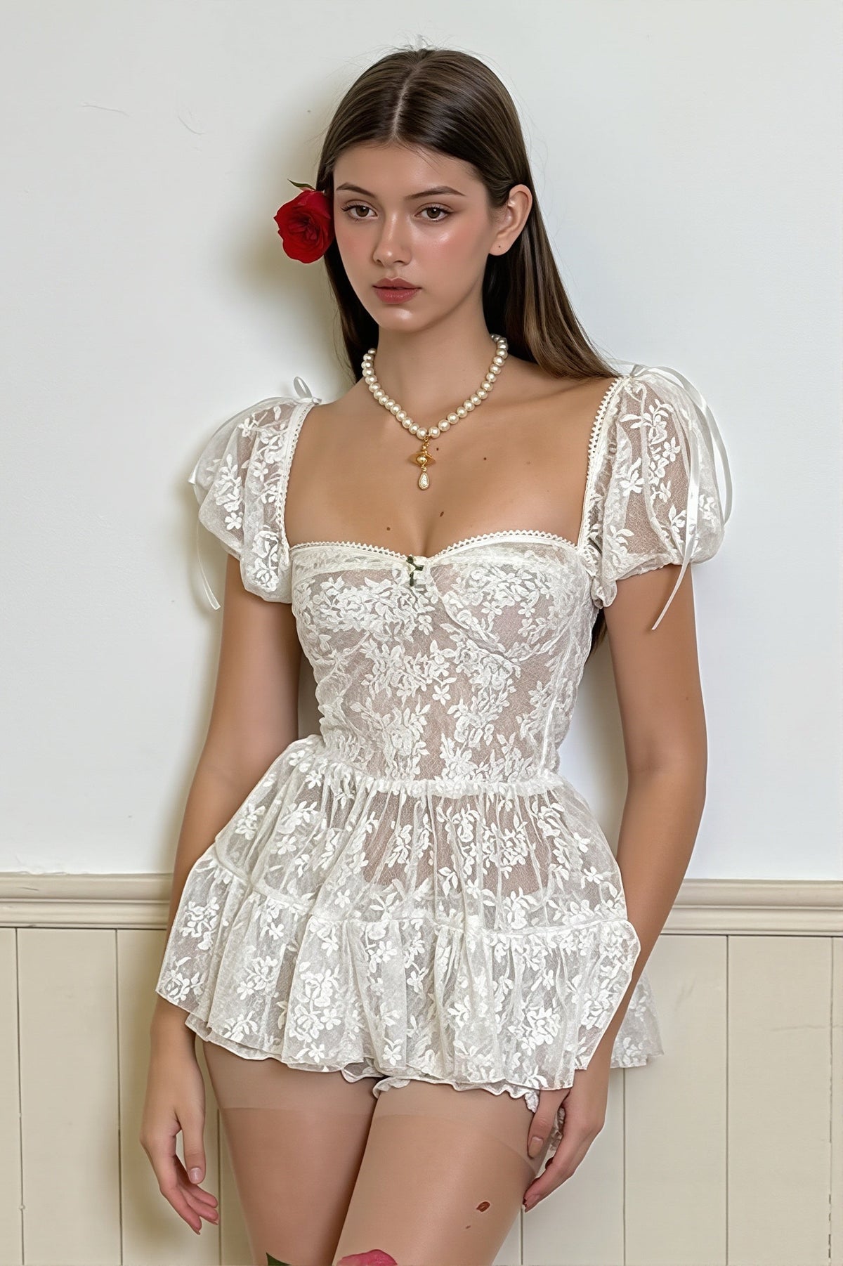 Lace Sweetheart Puff Sleeve Tiered Ruffle Playsuit