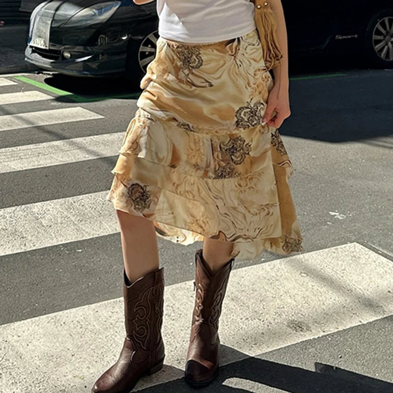 Floral Print Tiered A-Line Midi Skirt