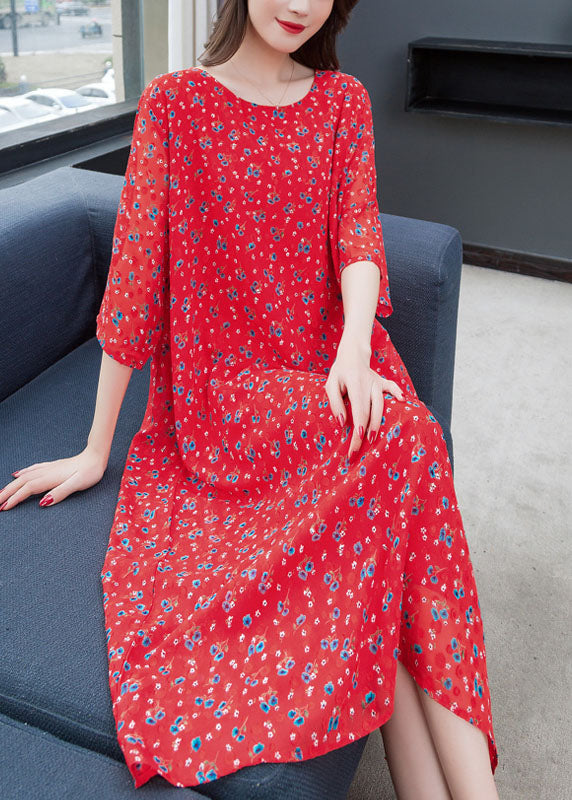 Ditsy Floral Print Chiffon Round Neck A-Line Midi Dress - View 2