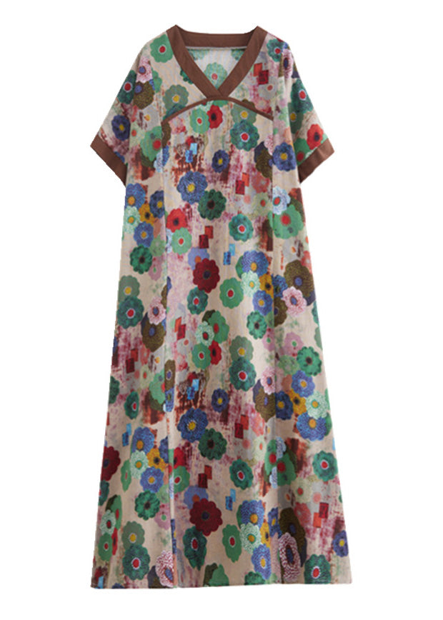 Floral Print V-Neck Contrast Trim Short Sleeve Pocket Maxi Dress - View 5